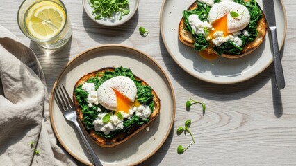 Two poached eggs on spinach toast with cottage cheese and greens for healthy brunch plate and lifestyle food background