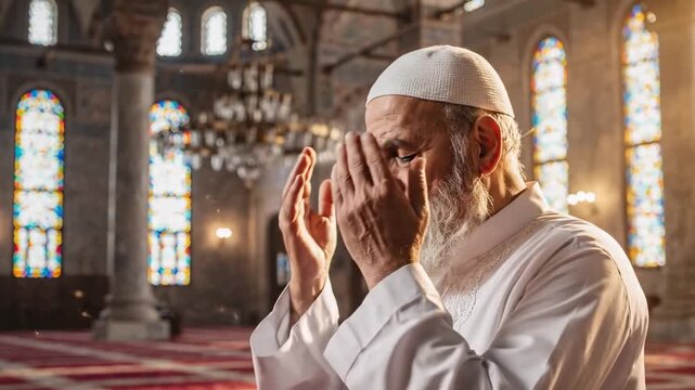 A Devout Muslim Man Praying in a Beautiful Mosque.