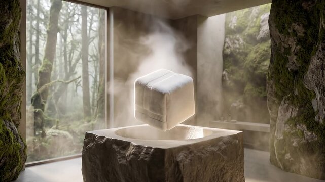 Surreal scene of steam rising around a floating towel cube in a natural stone interior with lush