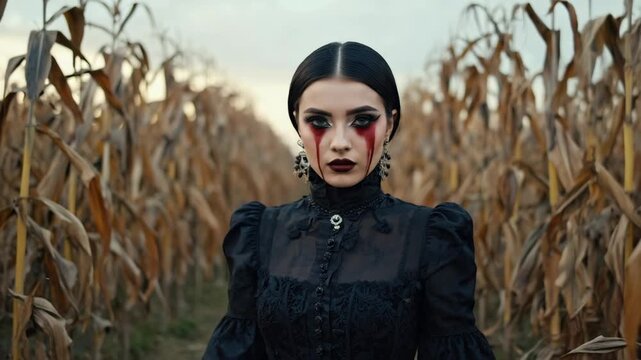 Spooky portrait of a gothic female with bloody tears makeup for halloween. Mysterious young woman in a black victorian dress posing in a scary cornfield at dusk