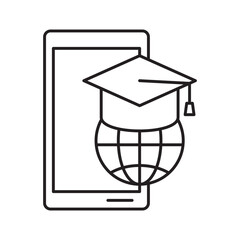 Online global education and e-learning icon. Graduation cap with globe and phone, mobile university concept. Vector illustration