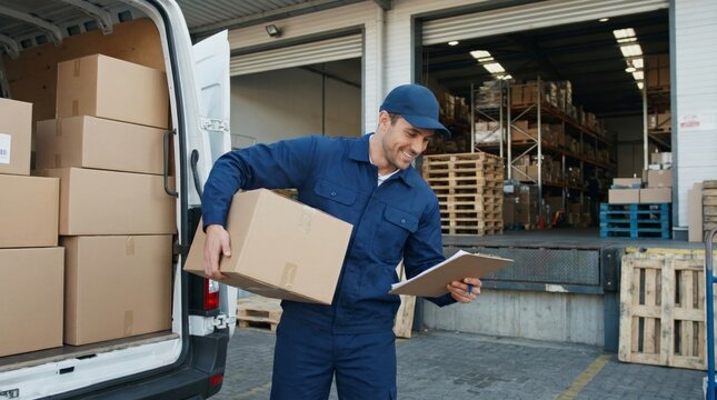 Courier in blue uniform lifting box from delivery truck while checking clipboard in a warehouse setting under natural daylight