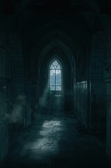 Obraz premium Abandoned stone church corridor under moonlight with dust and cinematic low key shadows