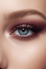 Obraz premium Closeup beauty eye with burgundy smokey makeup and shimmering champagne lid detail