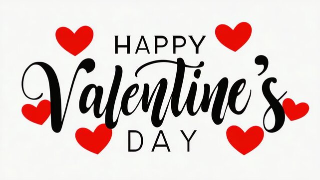 Happy valentine's day animated greeting with elegant calligraphy and appearing red hearts. Romantic motion graphic sequence for a holiday celebration or social media message