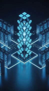 Digital data processing architecture features illuminated hexagonal structures surrounded by equipment racks