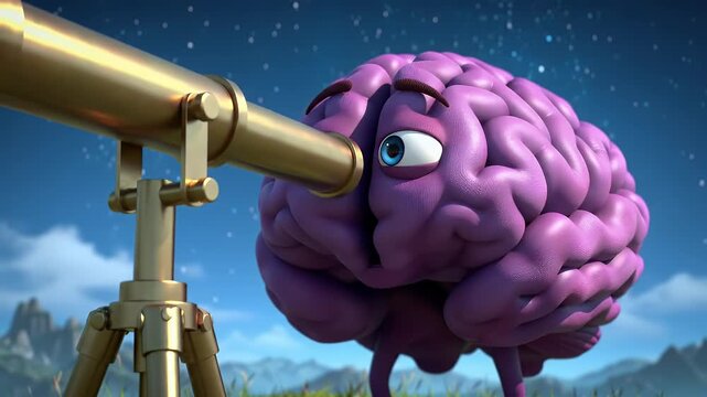 Curious cartoon brain character peers through a telescope at a starry night sky over distant mountains symbolizing learning exploration and future possibilities