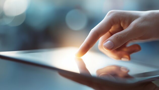 Woman Holding Digital Tablet And Touching Screen, With Reflection. A Close-Up Image Showcasing The Intersection Of Business And Technology.