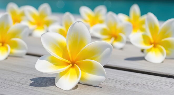 White and Yellow Plumeria Flowers on Wooden Deck by Poolside