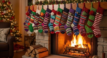 Fototapeta premium Numerous colorful knit stockings hang above a warm, crackling fireplace during the holiday season