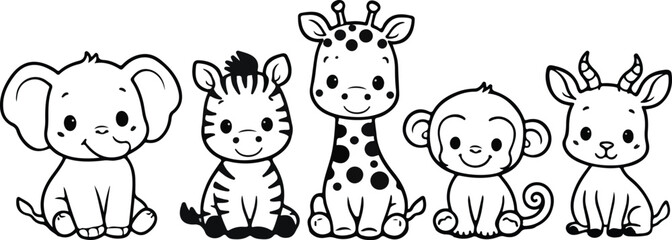 African cute animals - Elephant, Zebra, Giraffe, Monkey and Gazelle, simple thick lines kids or children cartoon coloring book pages. Clean drawing can be vectorized to illustration © Shawon