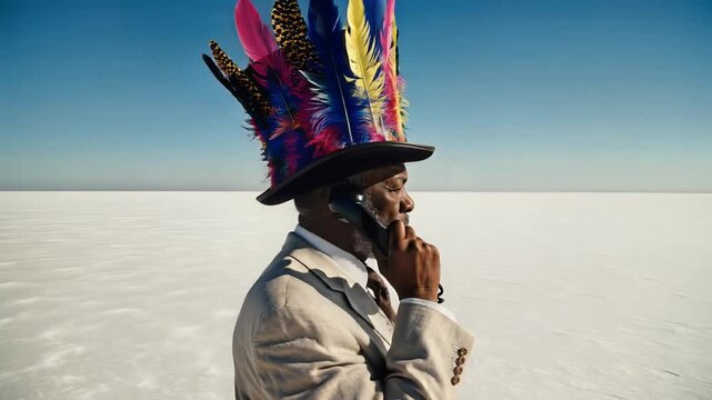 Man in feathered headdress standing in a vast white landscape under clear blue sky.