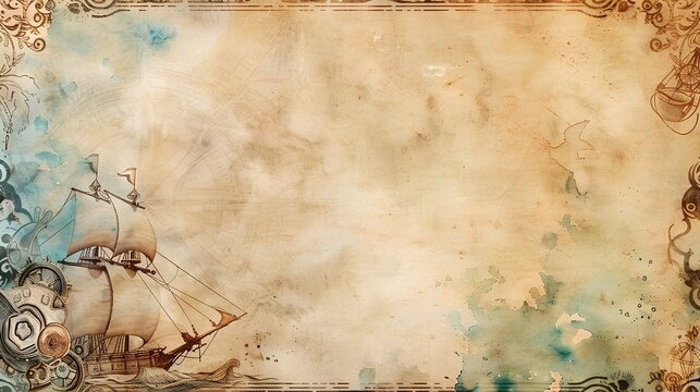 blank page with a watercolor nautical border featuring an old sailboat, steampunk elements, and sea motifs.