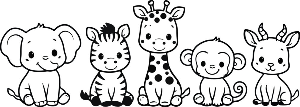 African cute animals - Elephant, Zebra, Giraffe, Monkey and Gazelle, simple thick lines kids or children cartoon coloring book pages. Clean drawing can be vectorized to illustration