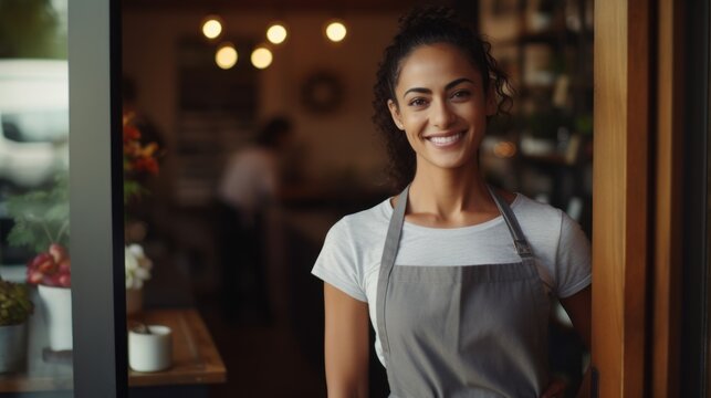 Portrait of a happy owner standing at the door of cefe shop, a cheerful adult waiter waiting for customers at a coffee shop, successful small business owner, professional, service