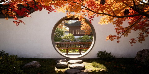 Naklejka premium Autumn Garden View Through Circular Moon Gate