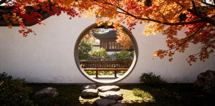 Autumn Garden View Through Circular Moon Gate