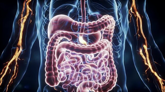 Detailed anatomical illustration showcasing a human digestive system with vibrant blood vessels highlighting internal organs and promoting health awareness for medical publications