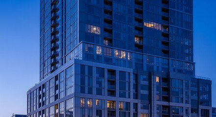 Fototapeta premium Modern Glass Skyscraper Exterior Facade at Dusk with Illuminated Windows