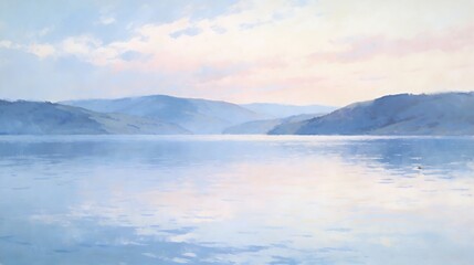 Fototapeta premium Serene Morning Lake with Distant Hills