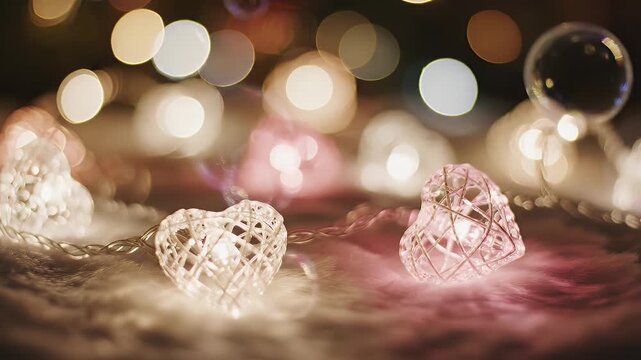 Heart Shaped Glowing String Lights - Close-up of heart-shaped string lights glowing softly on a textured surface with bokeh lights in the background. The lights create a romantic and warm ambiance.