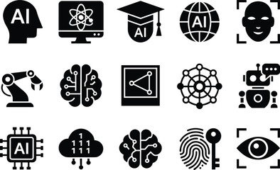 Artificial intelligence icons set, AI technology, machine learning, robotics and neural network symbols, black solid vector collection isolated on light background