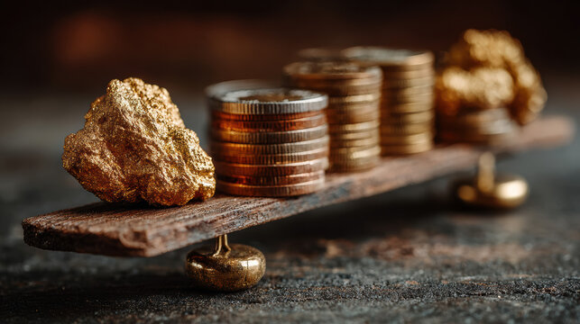 Raw gold nuggets on scale balancing coins, mining, weight equals value metaphor