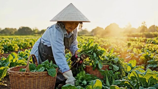 Elderly Asian female farmer wearing a traditional conical hat diligently harvesting fresh leafy greens in a sunlit agricultural field video footage