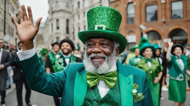 Happy senior black man in a festive green leprechaun costume waving during a city parade. Celebrating the saint patrick's day holiday with a joyful crowd on the street
