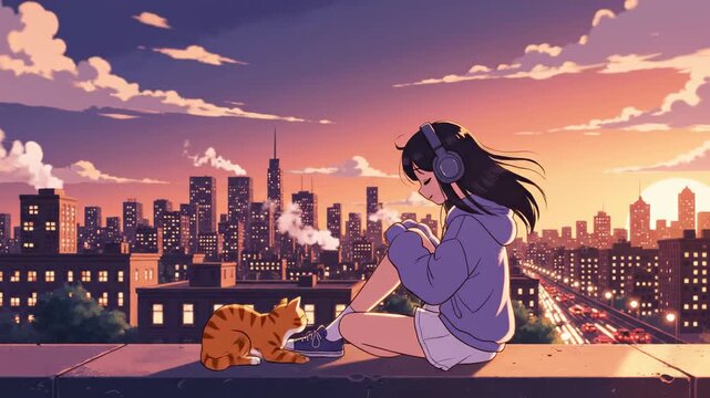 Anime girl enjoys sunset with cat on rooftop overlooking city.