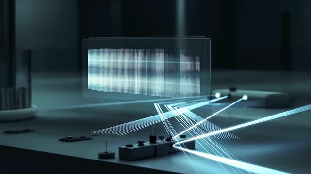 Double-Slit Experiment Setup &ndash; Laser Beams Interfering to Form Visible Wave Pattern on Screen in Lab