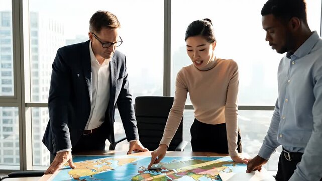Business Team Planning Travel Routes on World Map - A diverse group of three business professionals is gathered around a large world map spread on a conference table in a modern office setting.