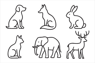 Obraz premium Simple line drawings depict a dog fox rabbit cat elephant and deer in a minimalist style