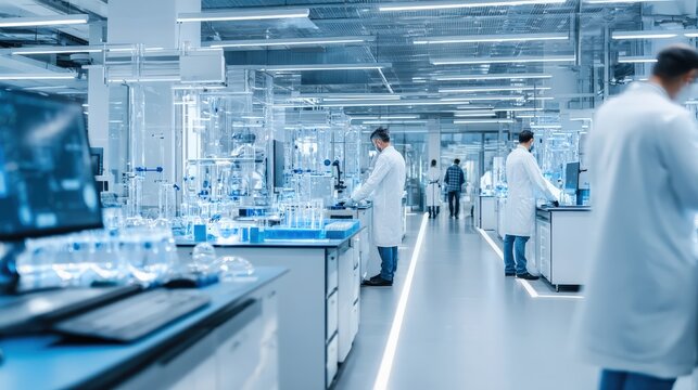 A modern laboratory with scientists in white coats working amid advanced equipment and glassware under bright, clean lighting.