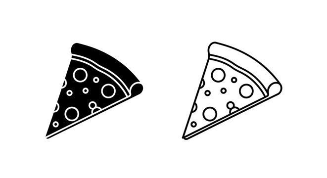 Two slices of pizza with different toppings, black and white line art Vector