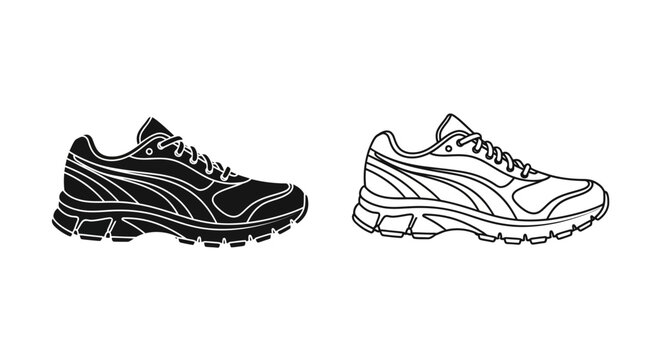 Black and white running shoes illustration, minimalist athletic footwear design Vector