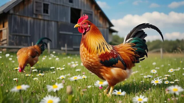 Colorful rooster and free range chickens walking on a green meadow with daisies. Rustic farm scene with a wooden barn for organic poultry and sustainable agriculture concepts