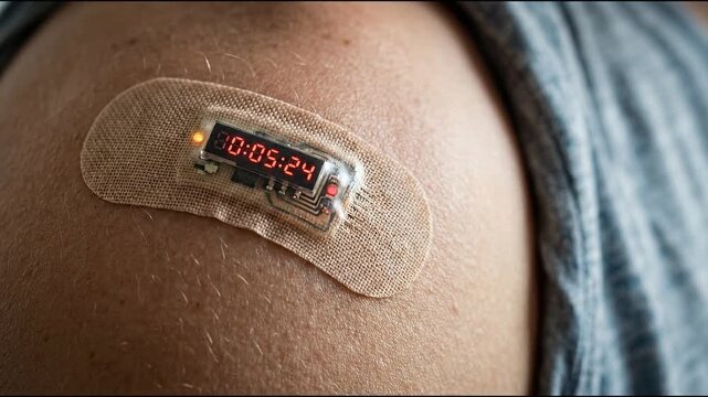 Smart wearable medical patch with glowing digital timer upper arm close up skin detail showing adhesive sensor and circuitry electronic adhesive patch with digital timer skin wearable medical sensor