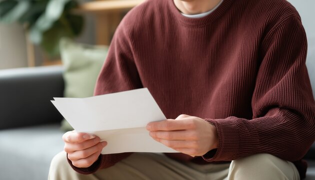 Young Man Reads Positive News In Letter While Sitting At Home, Receiving Correspondence Such As Bank Statements, Notifications, Invitations, Scholarships, Or Exam Reports.