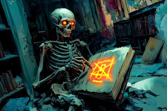 Skeleton studies glowing symbols in a decayed gothic library at night