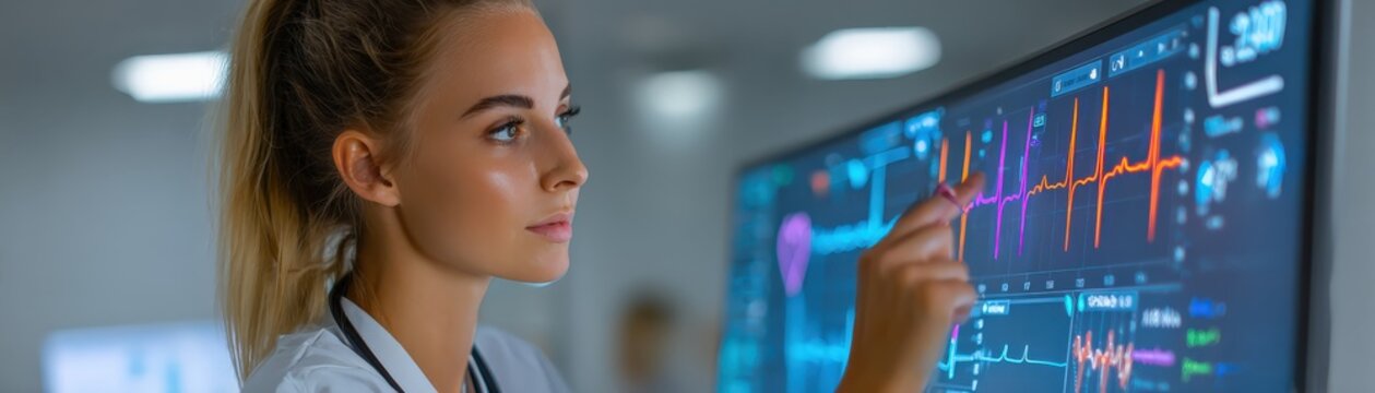 A focused female doctor analyzes heart rate data on a digital medical monitor in a clinical setting.