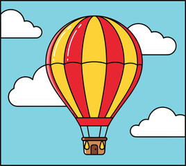 Fototapeta premium Red and yellow striped hot air balloon flying through a clear blue sky with white fluffy clouds in flat vector style illustration.