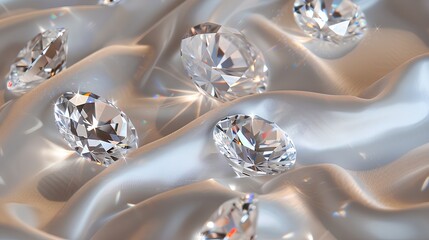 various cut diamonds scattered on white silk fabric, highlighting the different shapes and sizes of each diamond