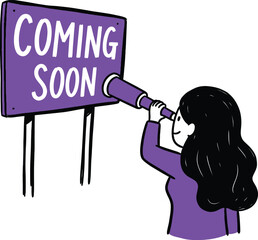 Naklejka premium Woman peers through a telescope at a purple 'COMING SOON' sign, symbolizing anticipation, future events, and upcoming releases.