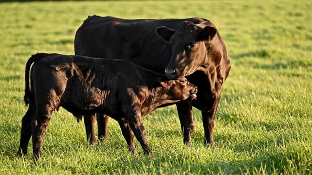 Captivating video footage shows a nurturing mother cow nuzzling her playful black calf standing together in a sunny green pasture