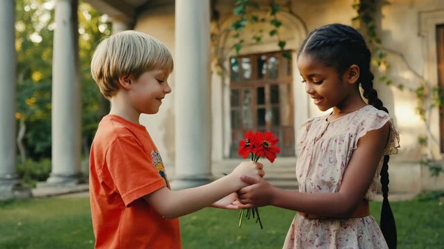 Sequence of a little caucasian boy giving a bouquet of red flowers to a beautiful black girl. First love and innocent childhood romance concept with multiracial friends
