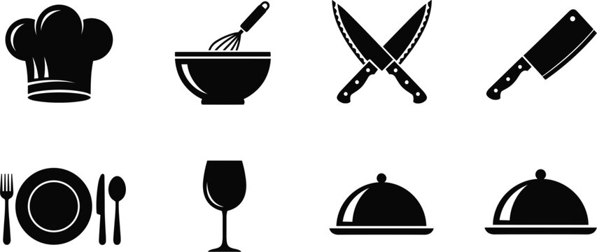 Set of black silhouette kitchen icons featuring chef hat, mixing bowl with whisk, crossed knives, and cleaver for professional restaurant branding.