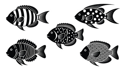 Fototapeta premium Set of five black and white fish silhouettes featuring unique internal patterns like stripes, polka dots, and stylized scales on white.