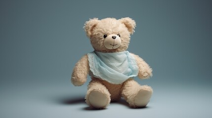 Obraz premium Soft beige teddy bear with light blue scarf sitting against a gradient blue studio backdrop