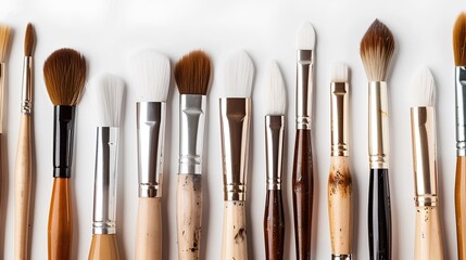 Fototapeta premium array of fine art brushes with wooden handles and white bristles, laid out on a clean background to showcase their sleek design